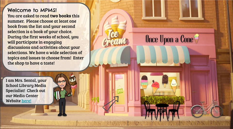 cartoon drawing of teacher in front of an ice cream shop